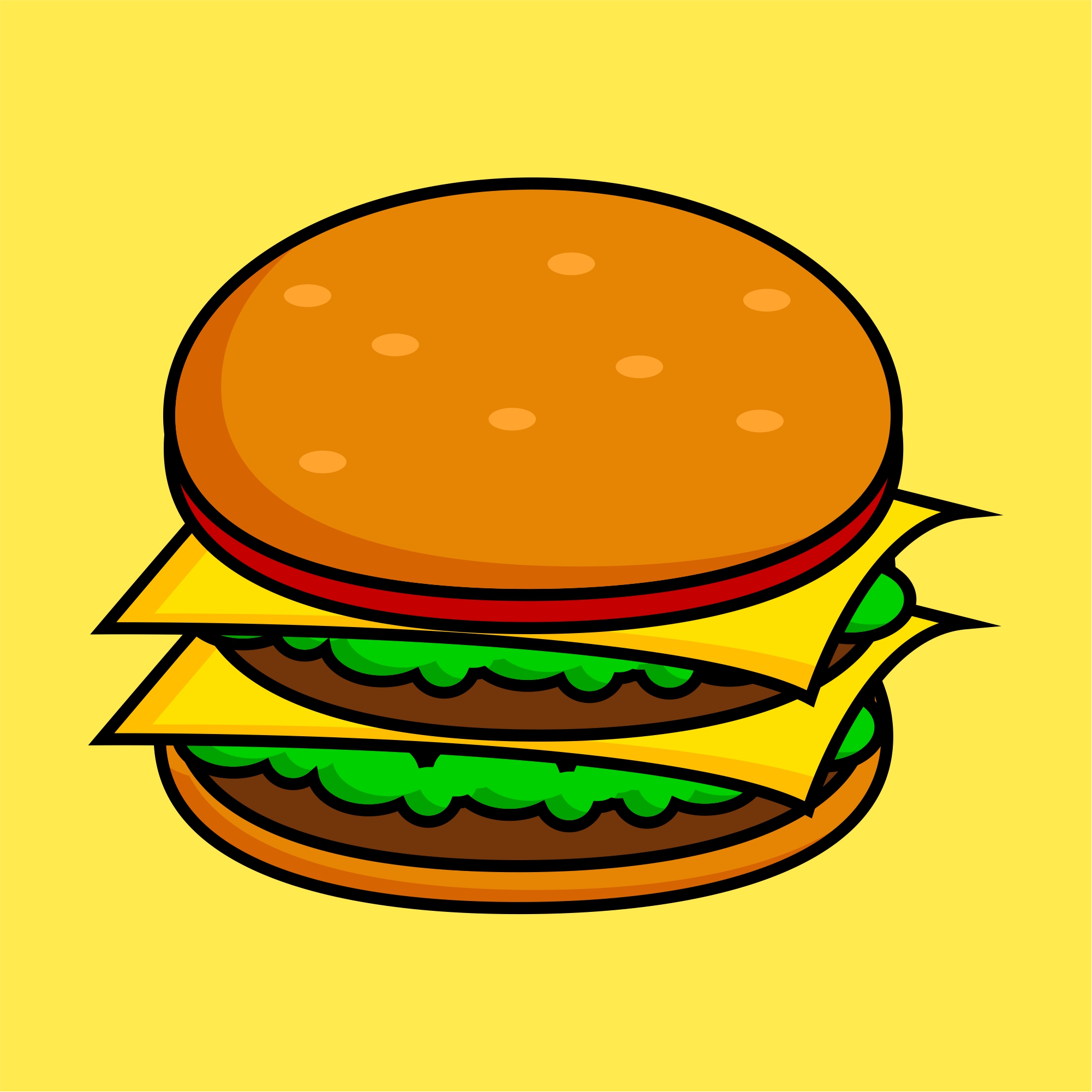 Colorful illustration of burger with yellow background.