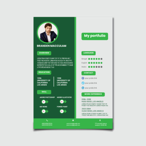 Green and white resume template with a picture of a man.