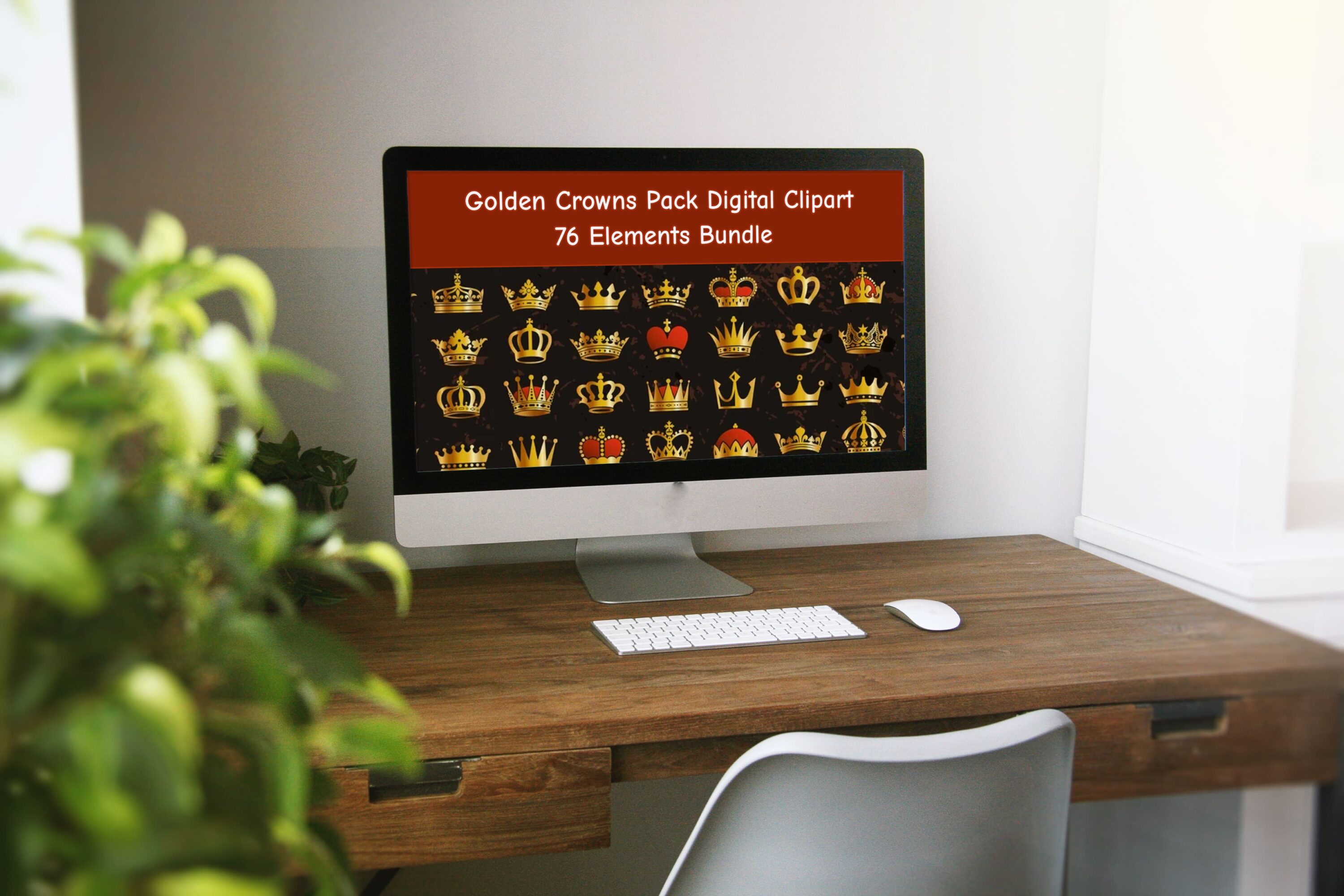 Desktop option of the Golden Crowns Pack Digital Clipart, 76 Elements Bundle.