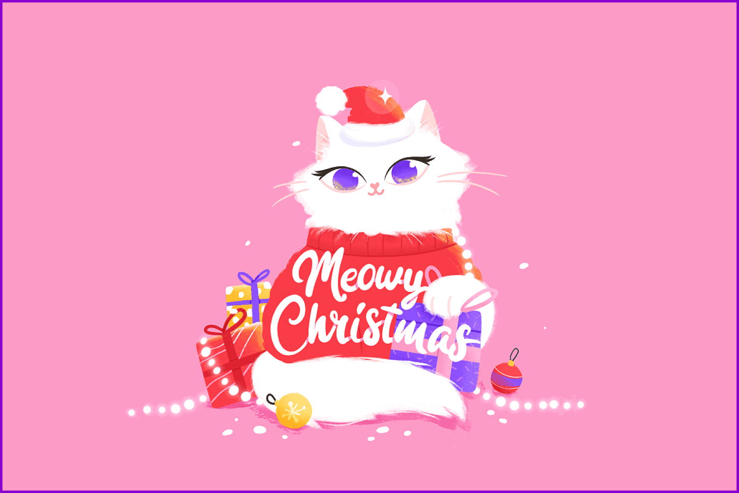 Animated white kitty with presents.