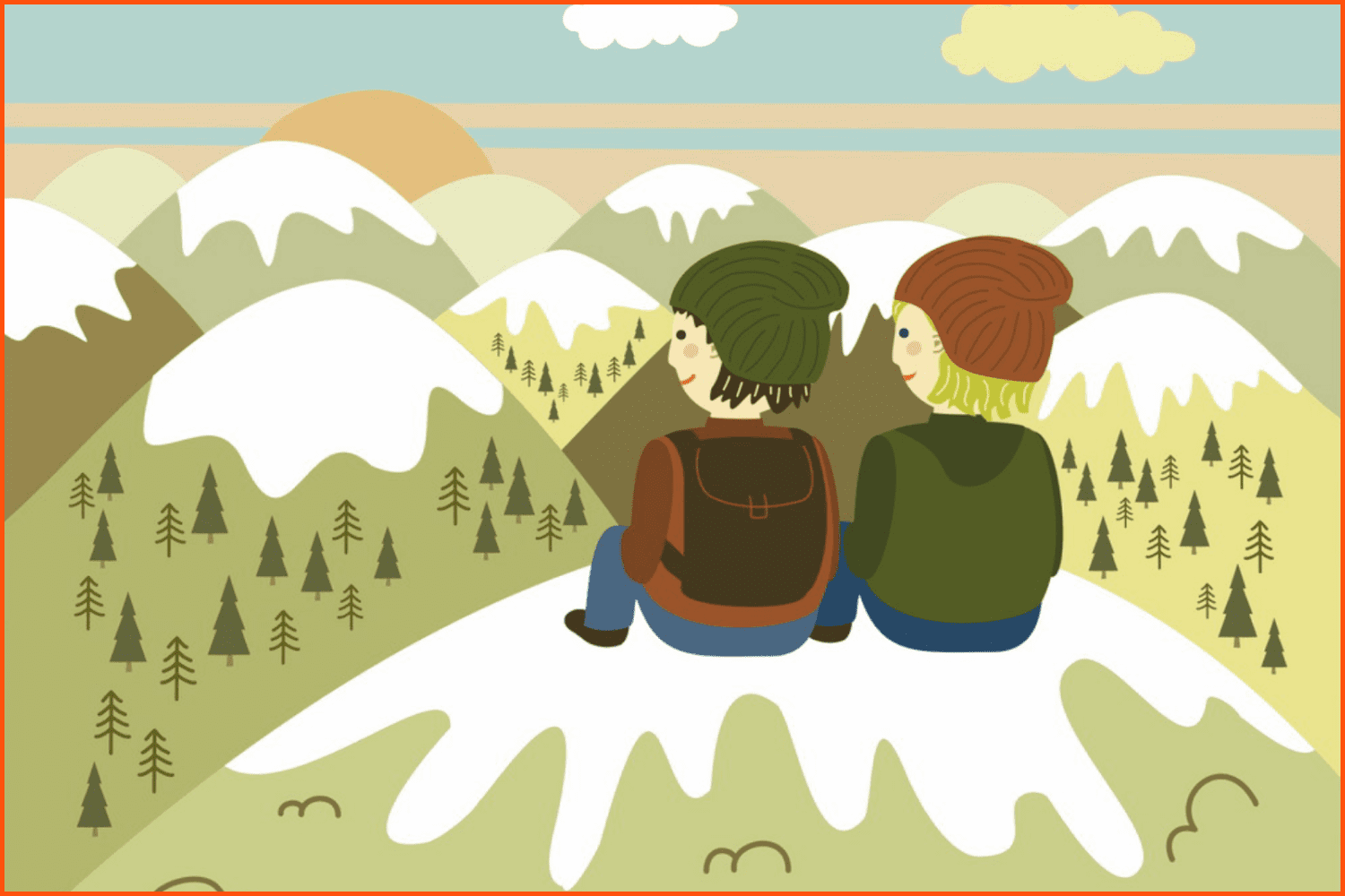 Two cartoon kids sitting on the snowy mountain peak.