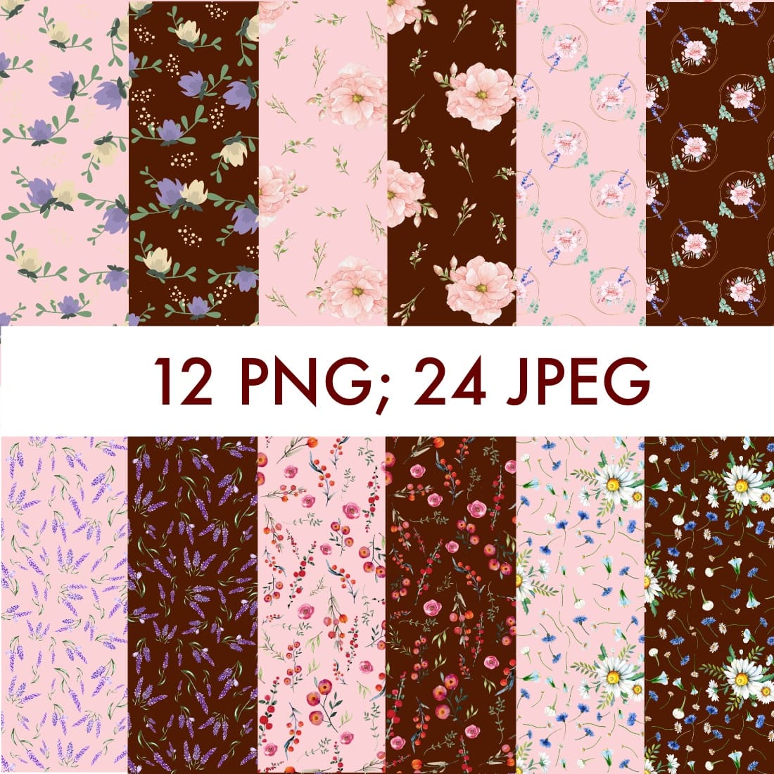 12 lovely hand drawn floral seamless patterns cover.