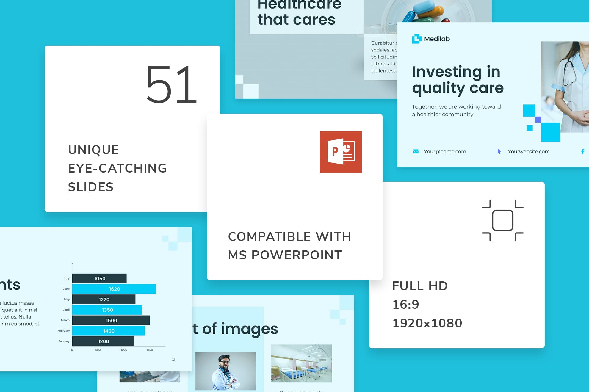 Template includes 51 unique eye-catching slides.