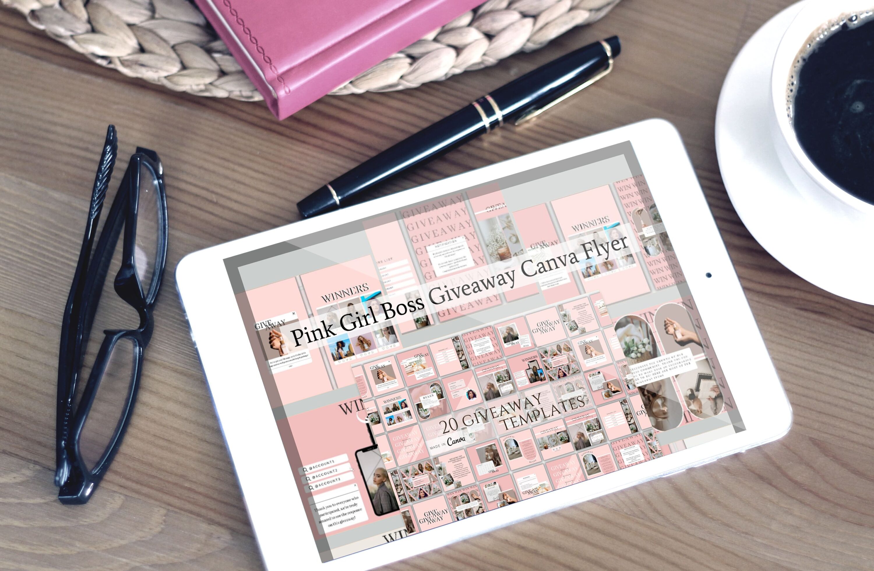Tablet option of the Pink Girl Boss Giveaway Canva Flyer.