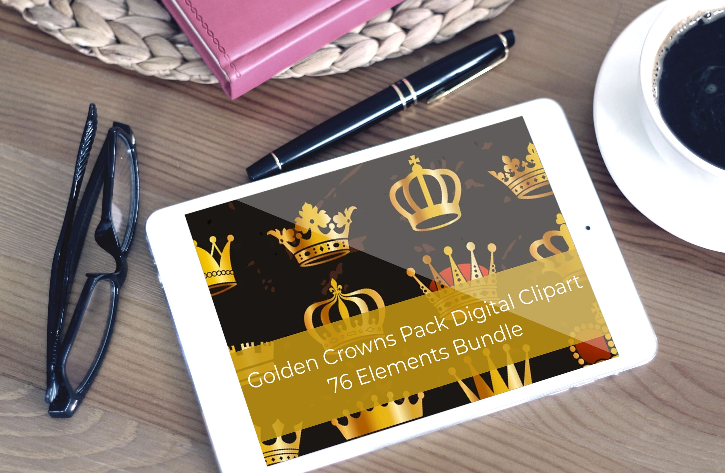 Tablet option of the Golden Crowns Pack Digital Clipart, 76 Elements Bundle.