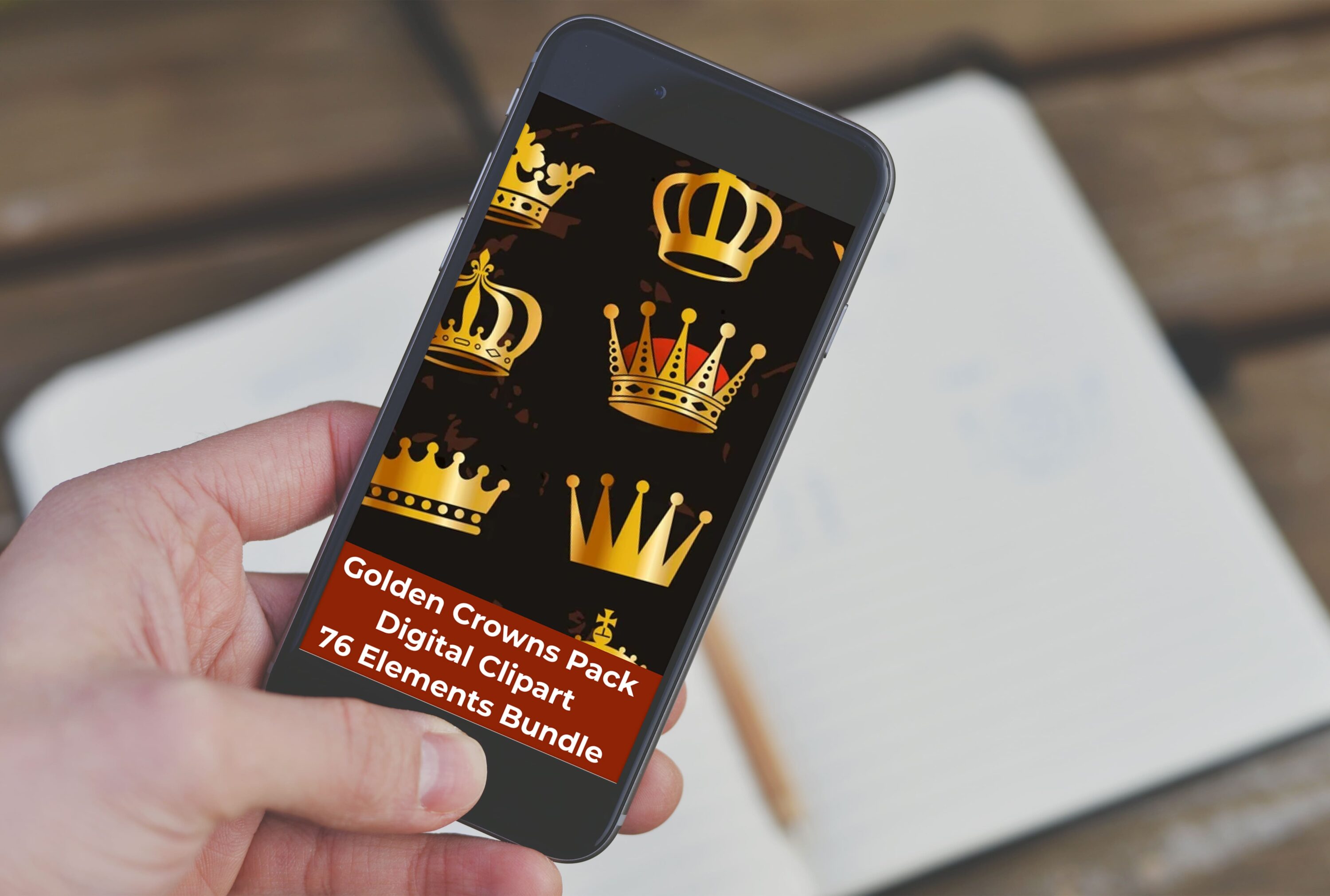 Mobile option of the Golden Crowns Pack Digital Clipart, 76 Elements Bundle.