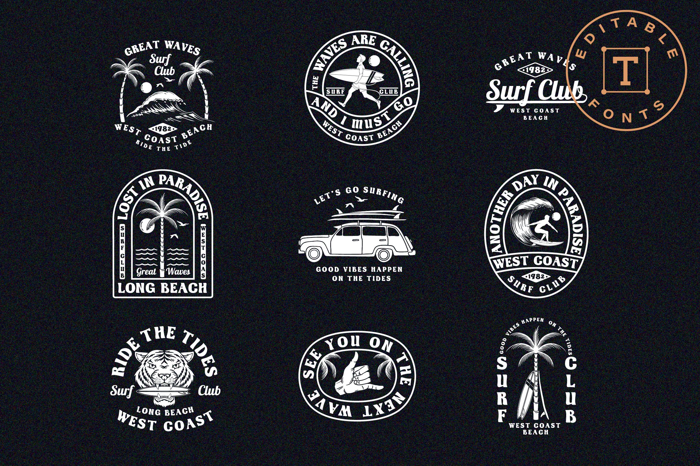 Modern surfing logos created by vintage font.