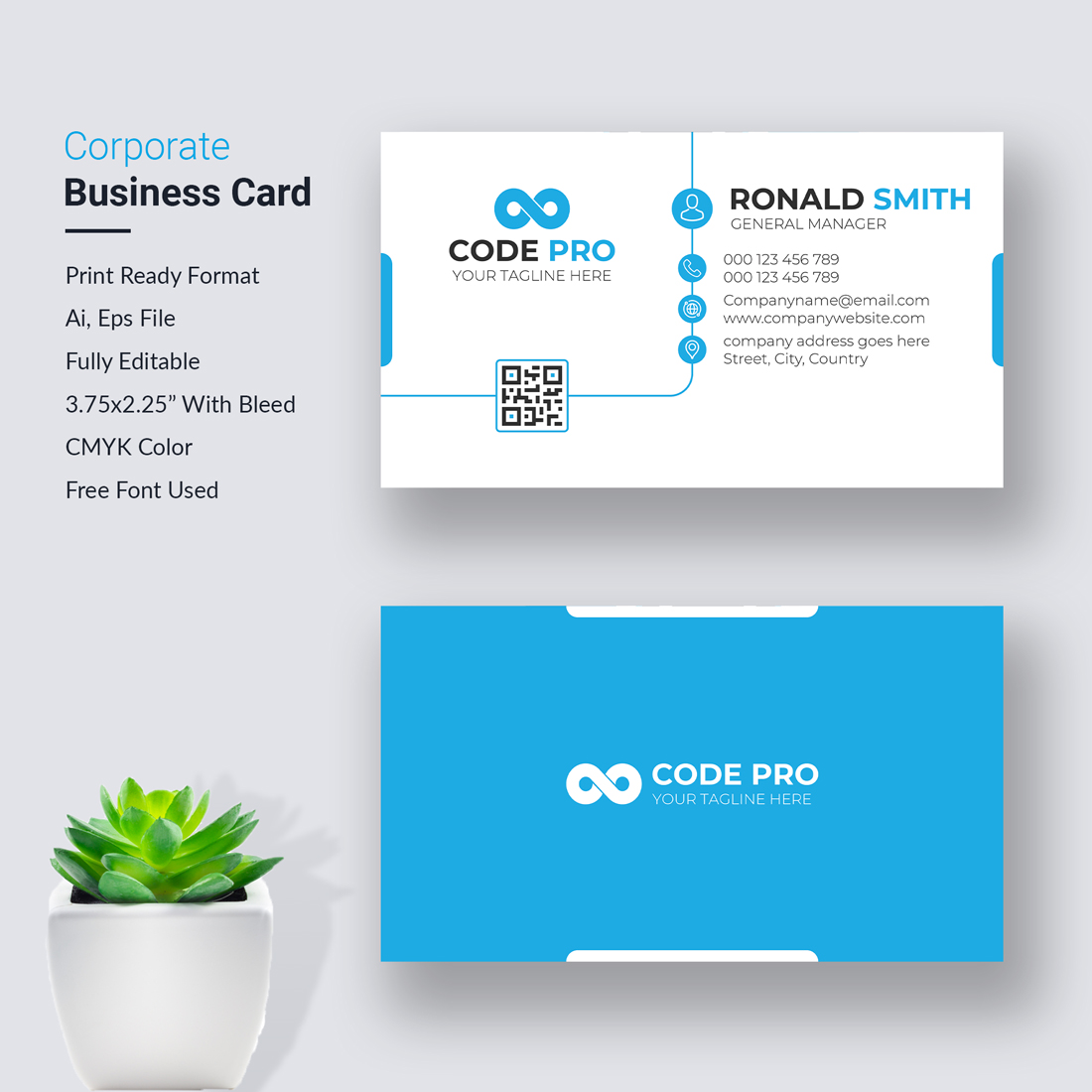 Blue Corporate Business Card Template preview image.