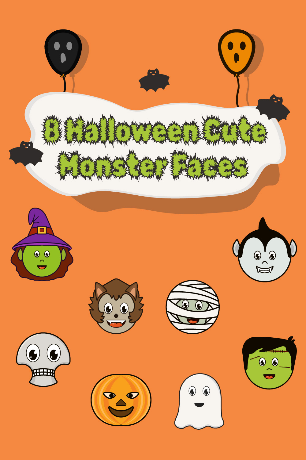 8 Cute Halloween Monster Faces in Circle Style - Pinterest image preview.