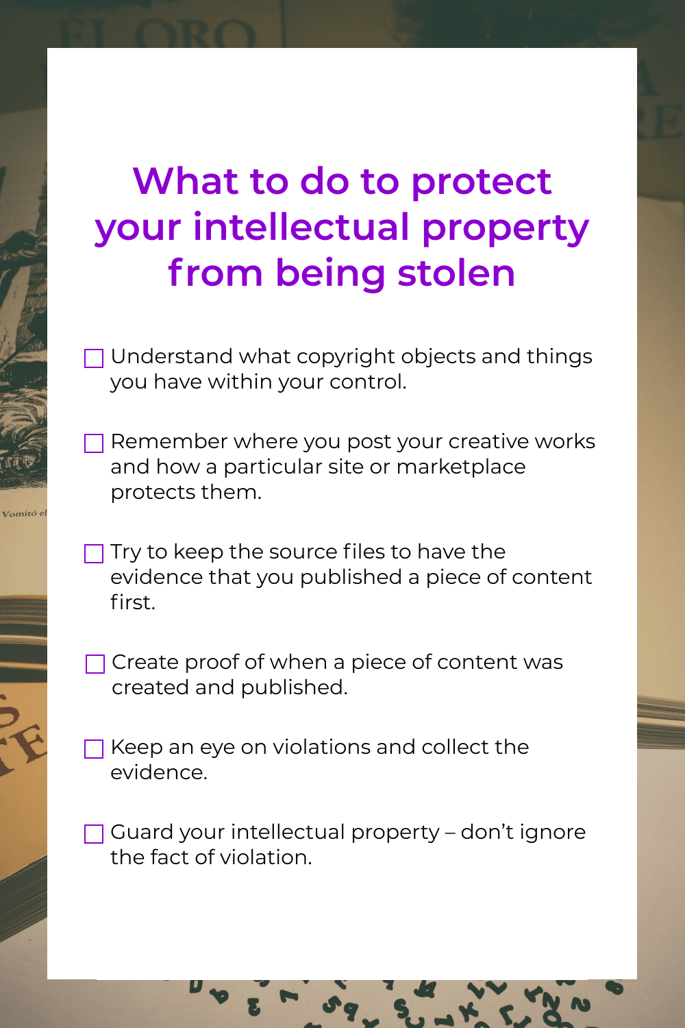 a free checklist on what to do to protect intellectual property.