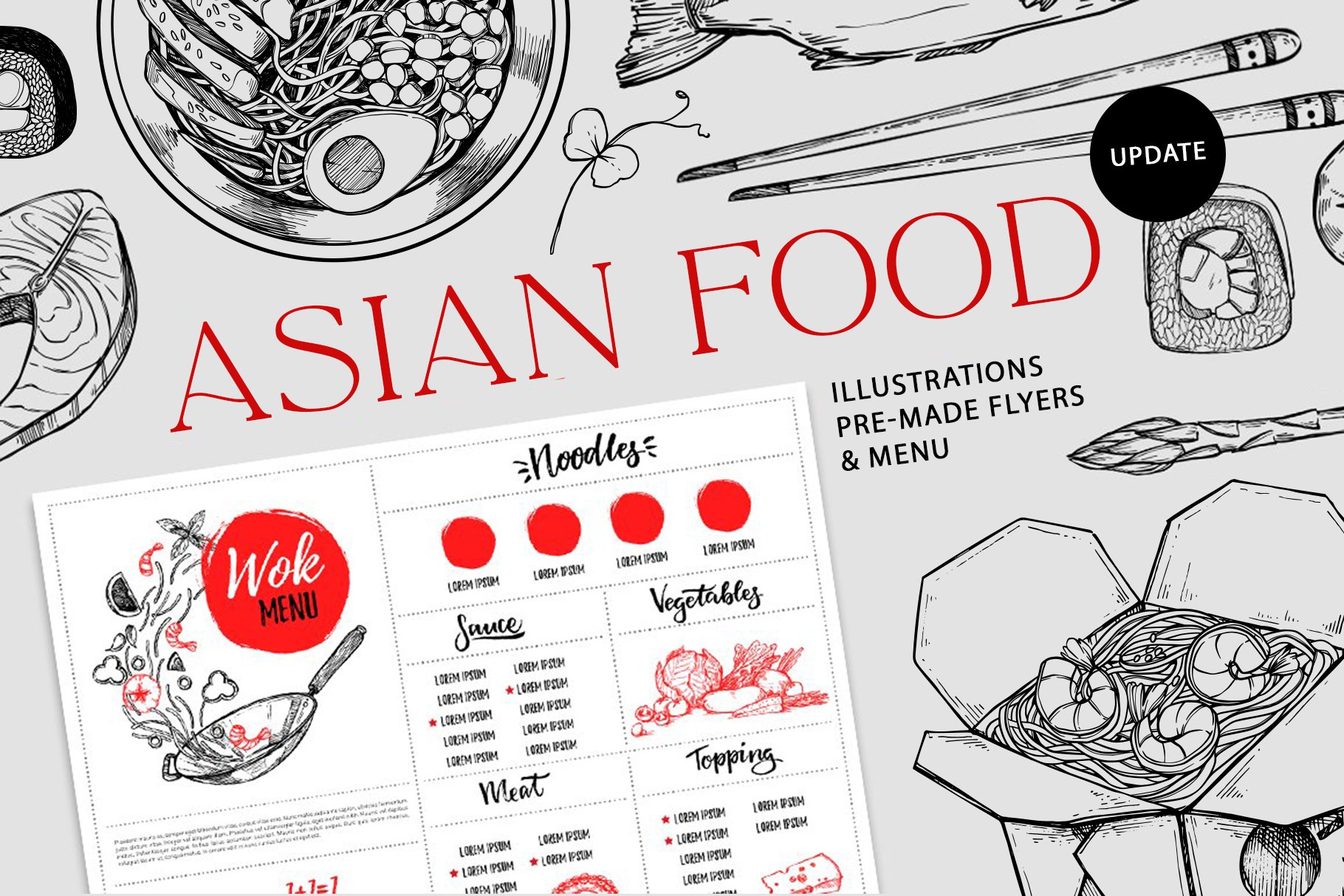Asian food illustrations for menu.