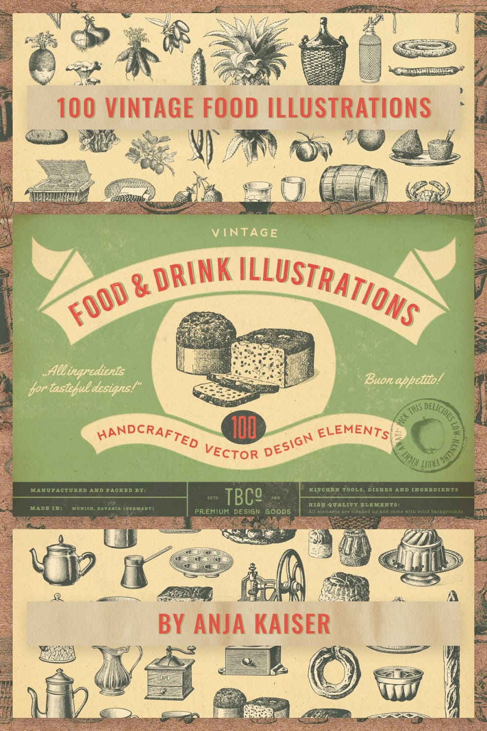 Collage with vintage food illustrations.