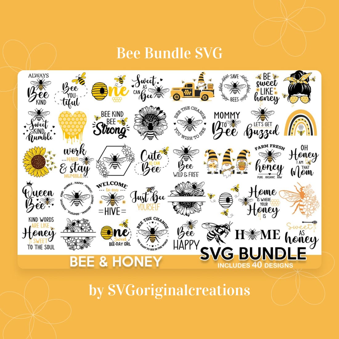 Bee SVG Bundle in black and yellow colors..