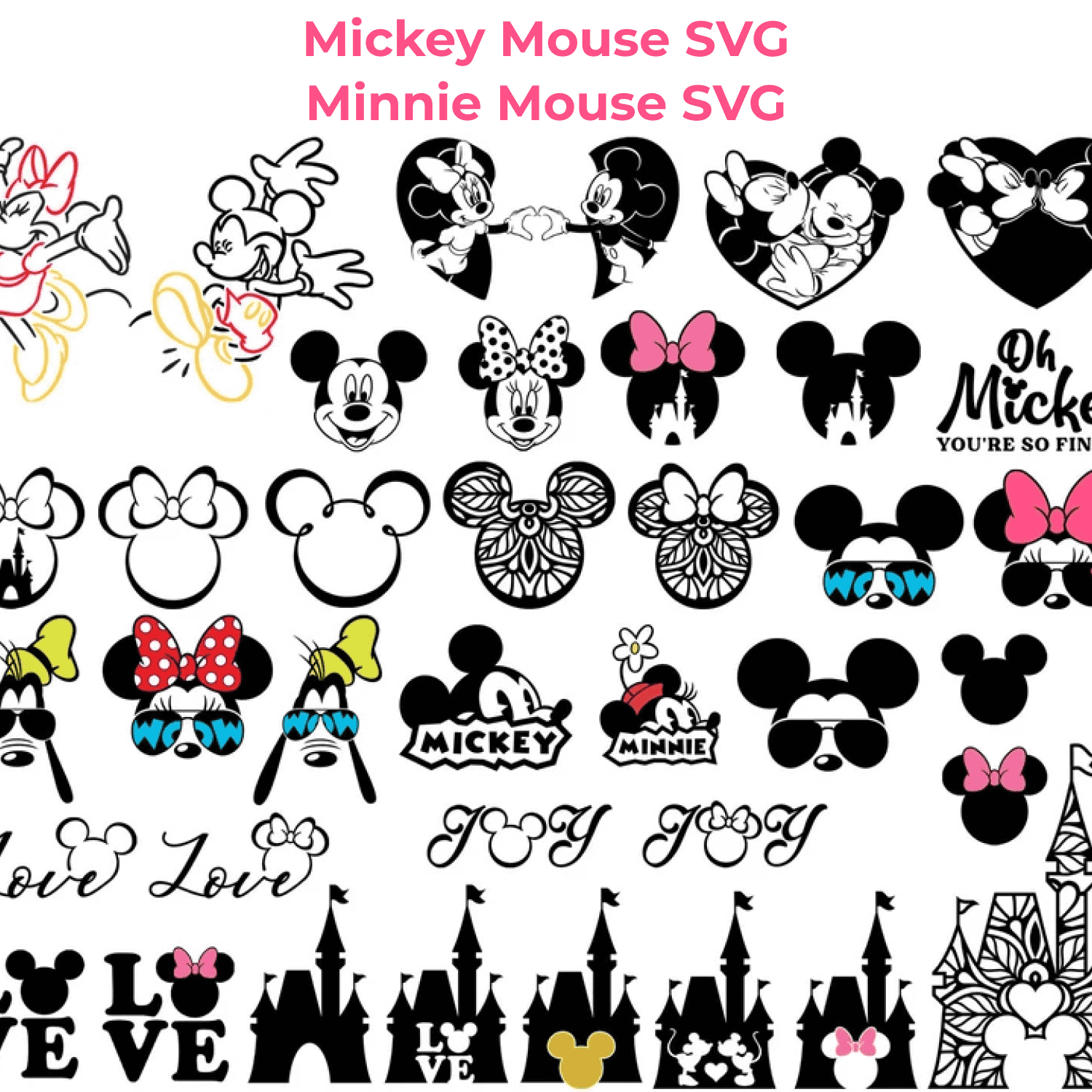Mickey Mouse SVG, Minnie Mouse SVG, Mickey Head, Minnie Bow cover.
