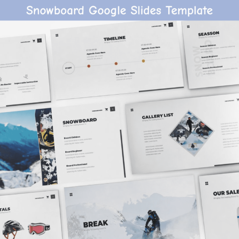 Snowboard Google Slides Template for snowboard and winter sport presentation business template.