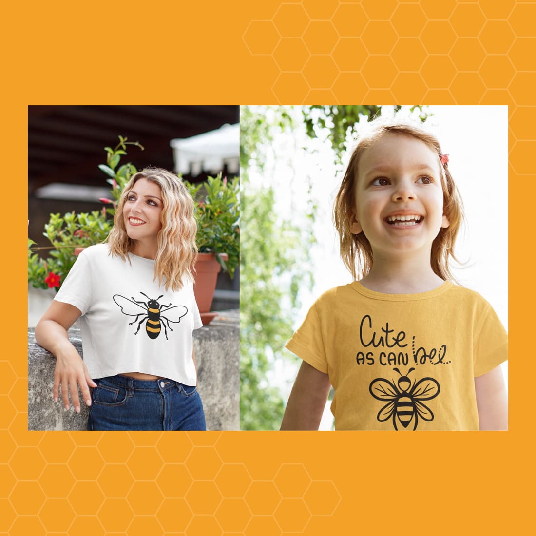 Two photos of a girl with a bee t - shirt.
