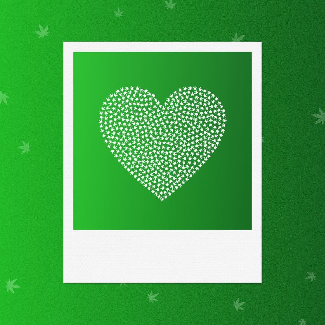 Marijuana Cannabis Heart - White Photo Frame with Green Background.