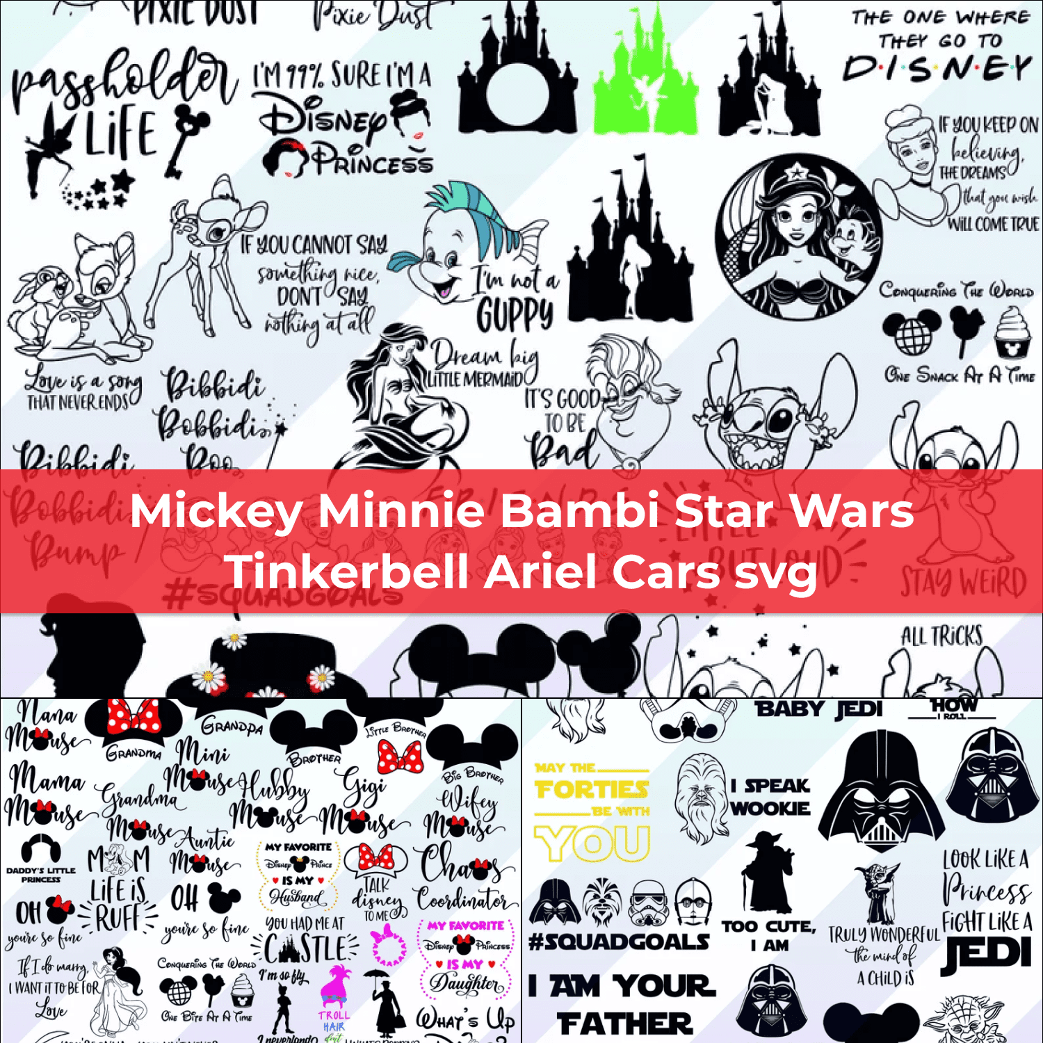 130+ SVG Bundle for Cricut or Silhouette Stitch Mickey Minnie Bambi Star Wars cover.