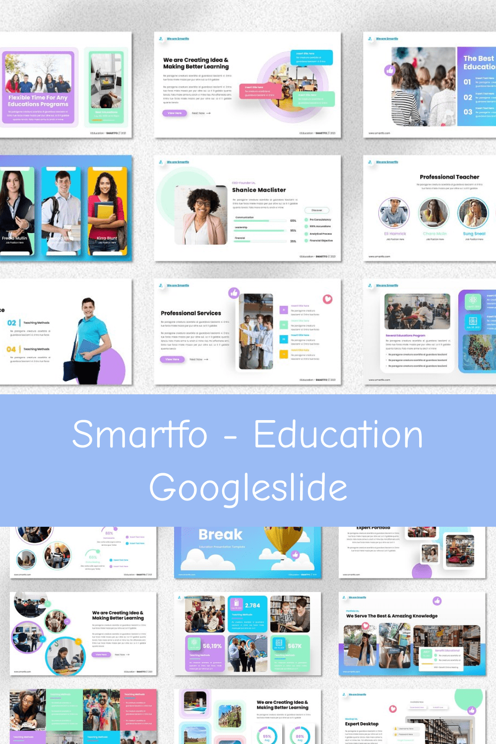 Collage of presentation slides with photos of students and purple, green accents.