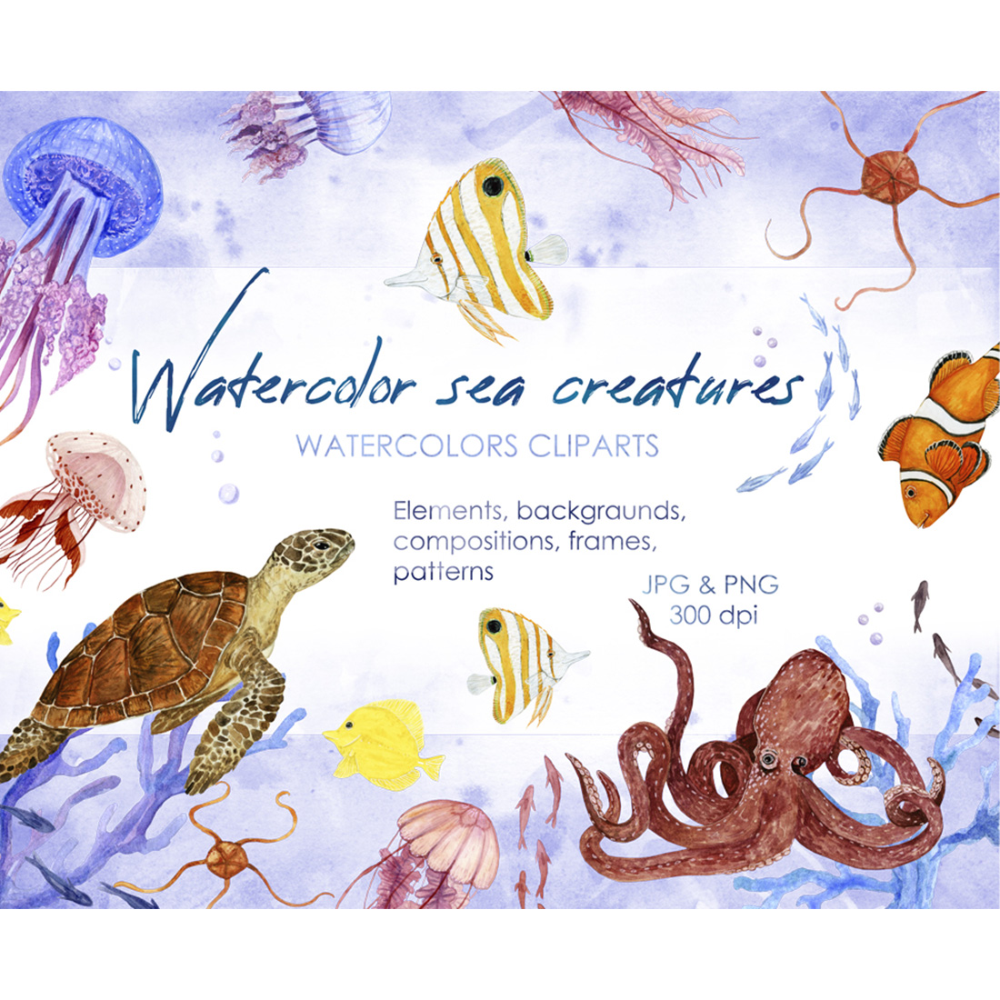 Watercolor Sea Creatures Clipart cover.