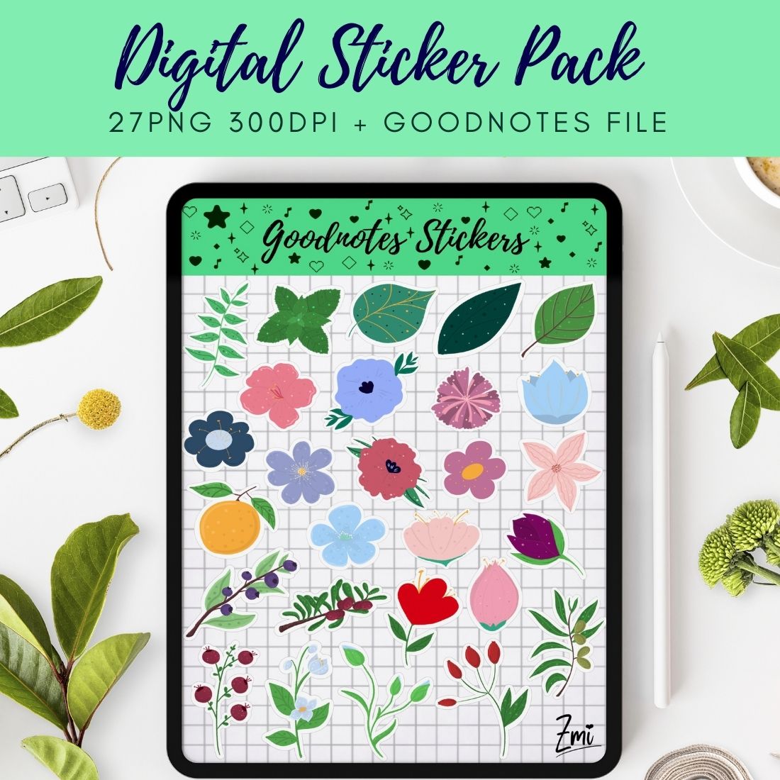Botanical flowers and plants digital sticker pack cover.