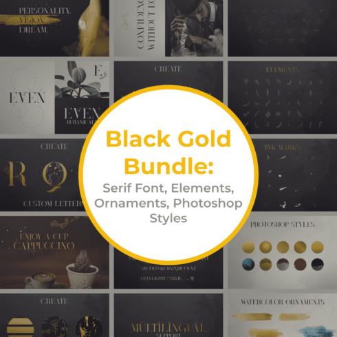 Black Gold Bundle: Serif Font, Elements, Ornaments, Photoshop Styles Example.