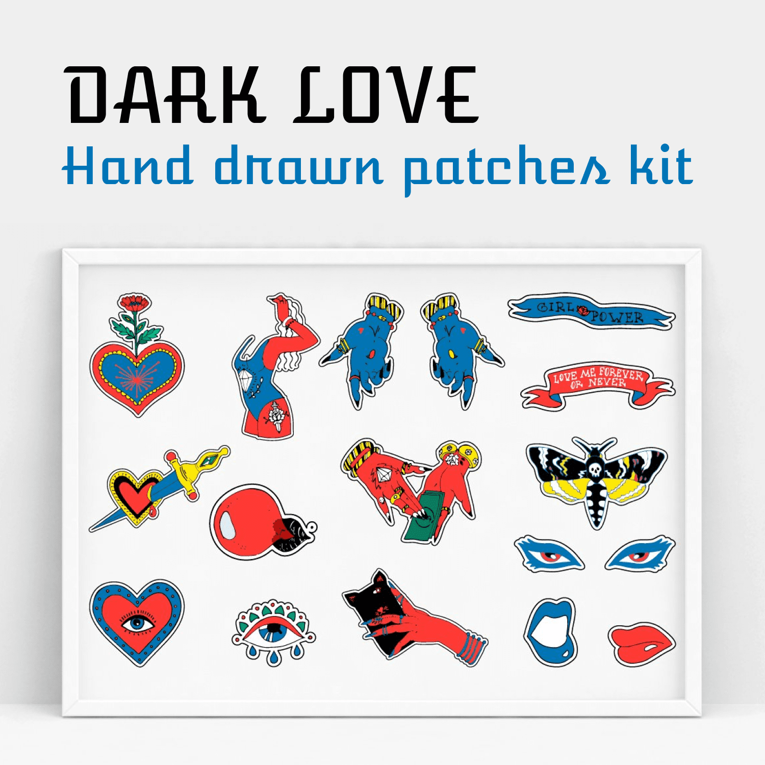 Dark love. Hand drawn patches kit .