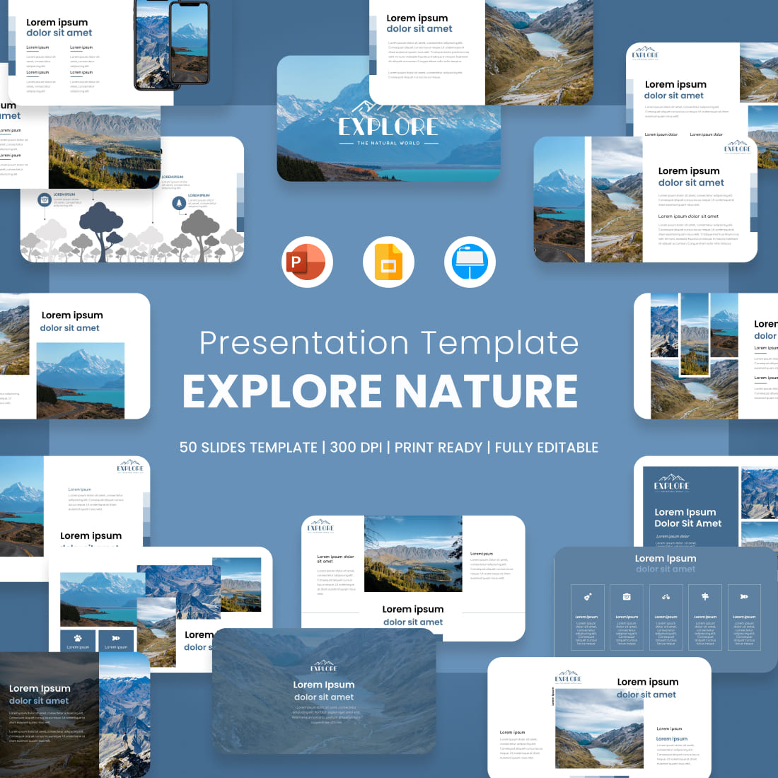 Explore Travel Presentation: 50 Slides PPTX, KEY, Google Slides main cover.