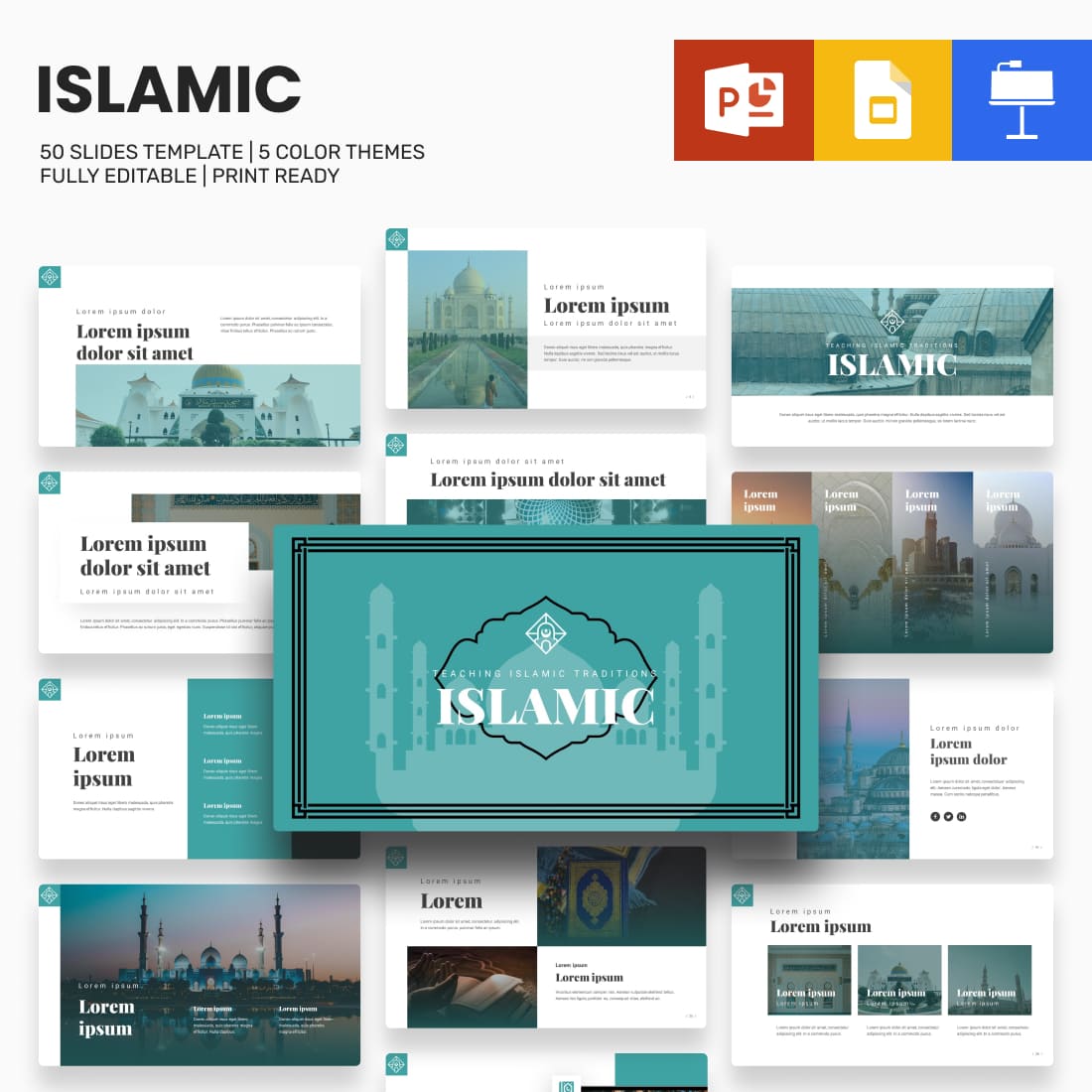 Islamic Presentation Template: 50 Slides PPTX, KEY, Google Slides.