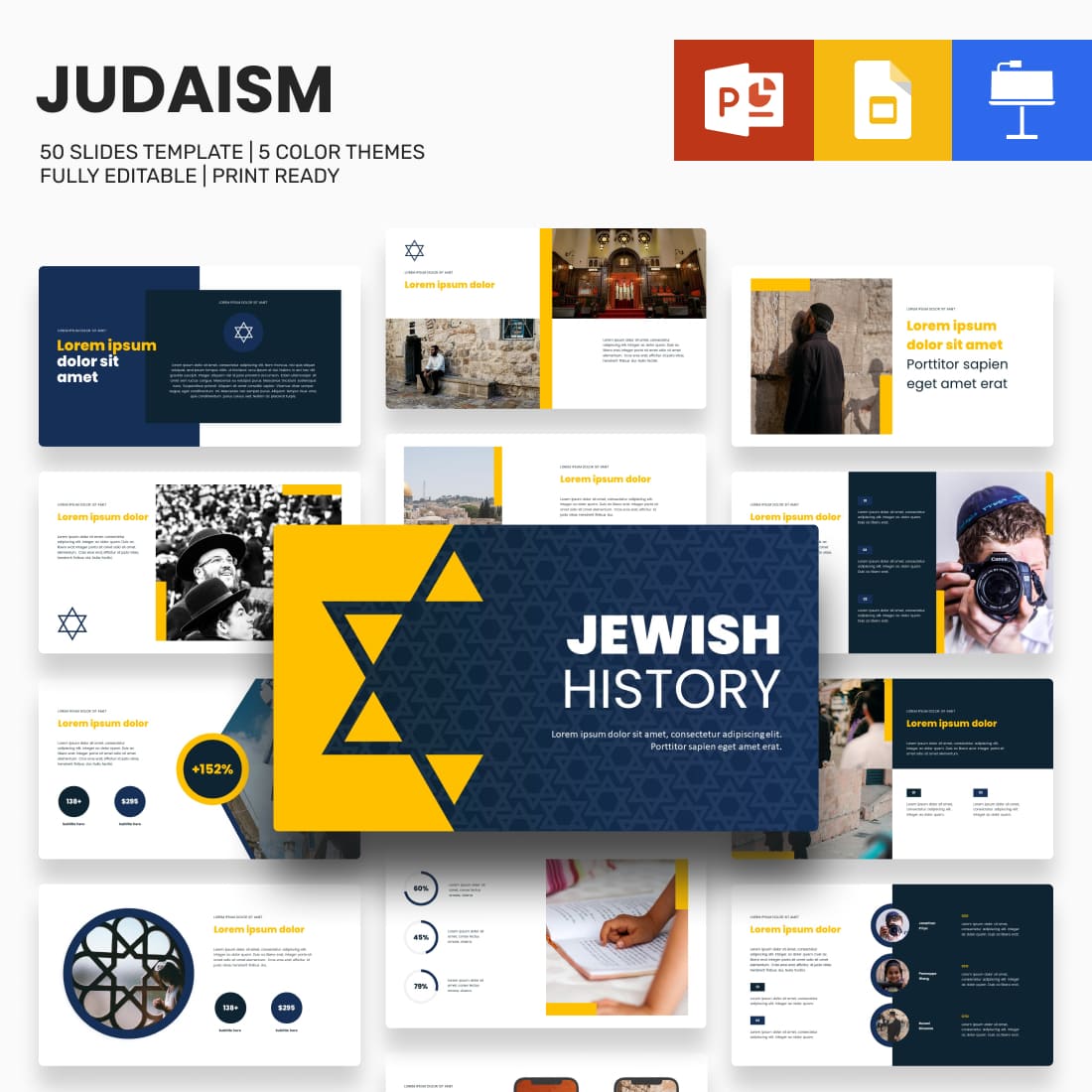 Judaism Presentation Template: 50 Slides PPTX, KEY, Google Slides Example.
