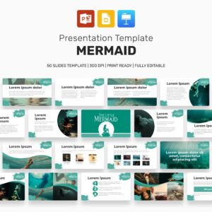 Mermaid Disney Presentation: 50 Slides PPTX, KEY, Google Slides main cover.