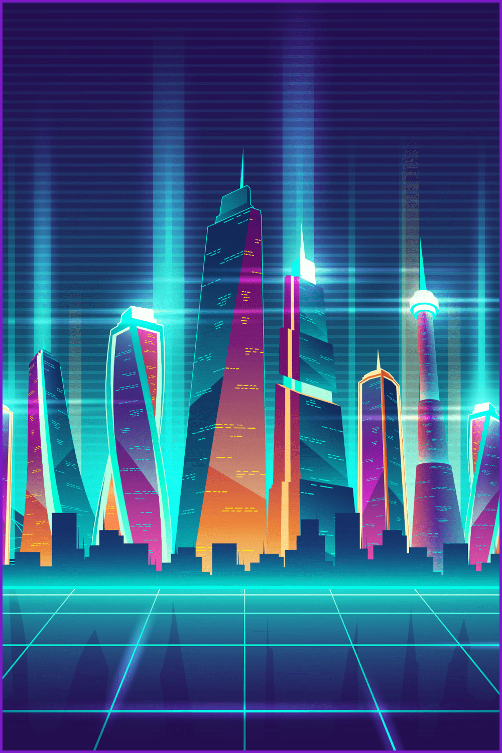 Drawn skyscrapers in neon illumination.