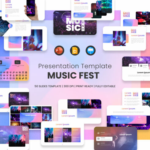 Music Fest Presentation: 50 Slides PPTX, KEY, Google Slides main cover.