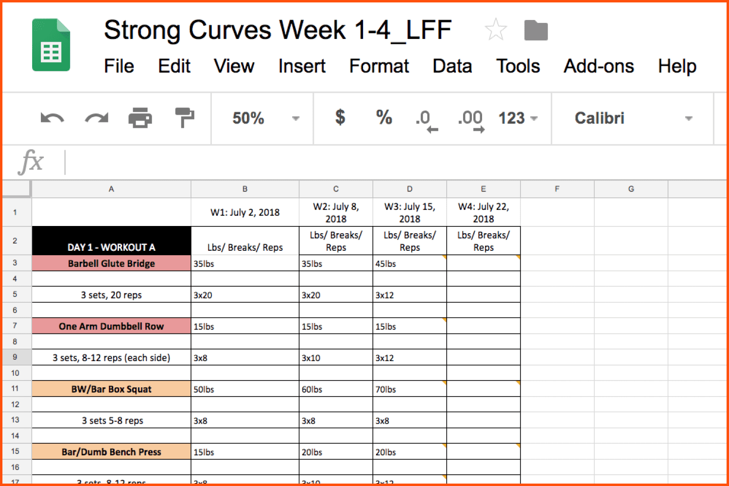 Workout Program Template Google Docs