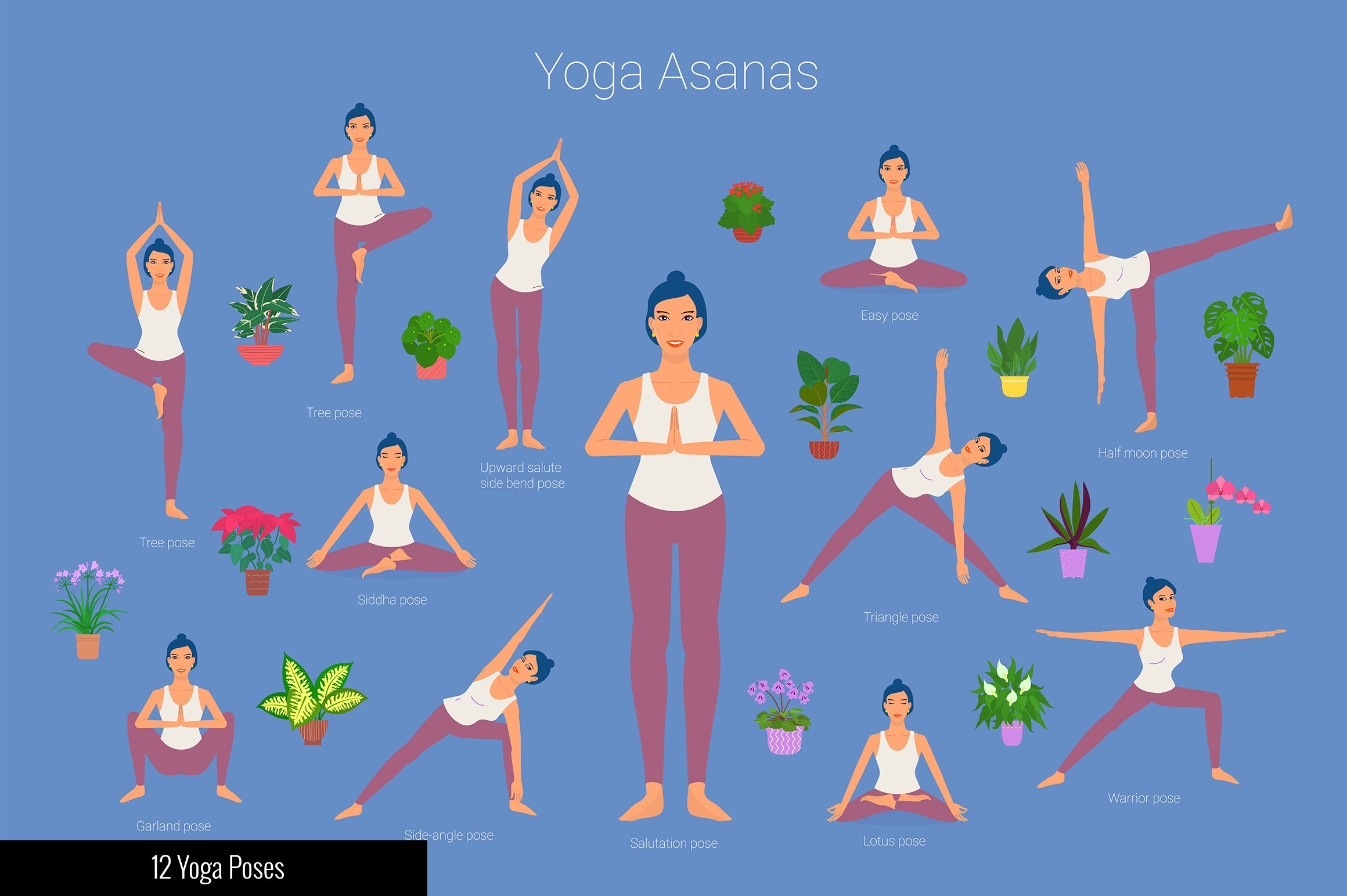 Classic yoga asanas on the blue background.