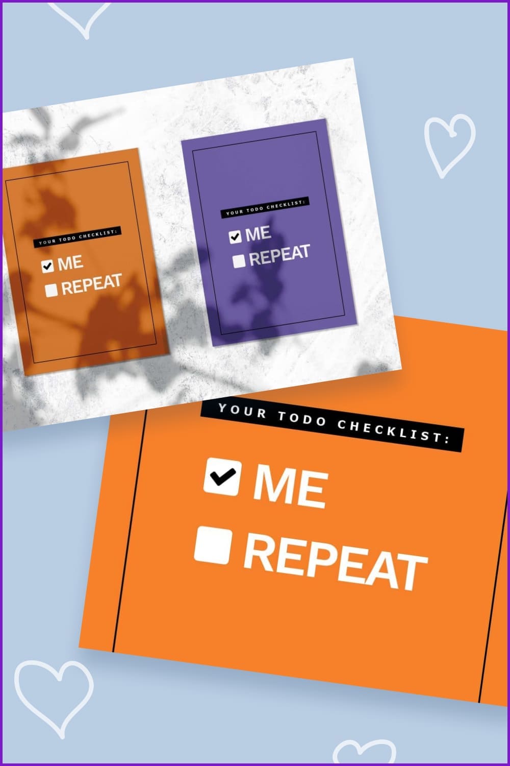 Orange and purple postcards with text.