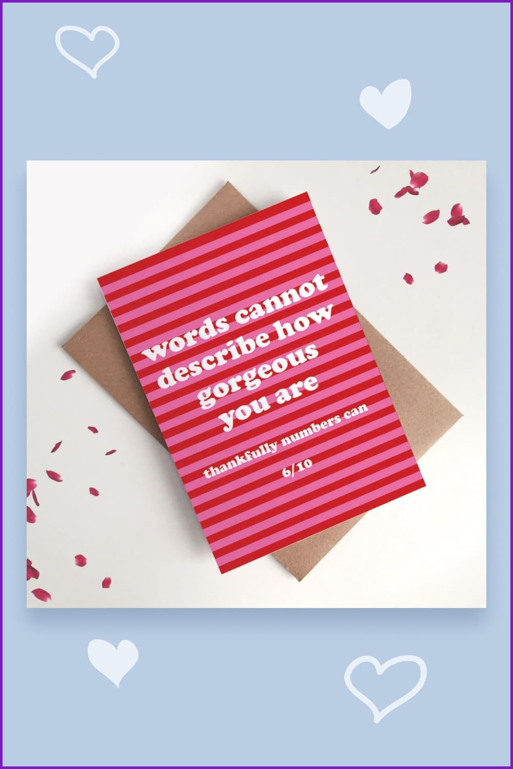 Pink and red striped card with funny text.