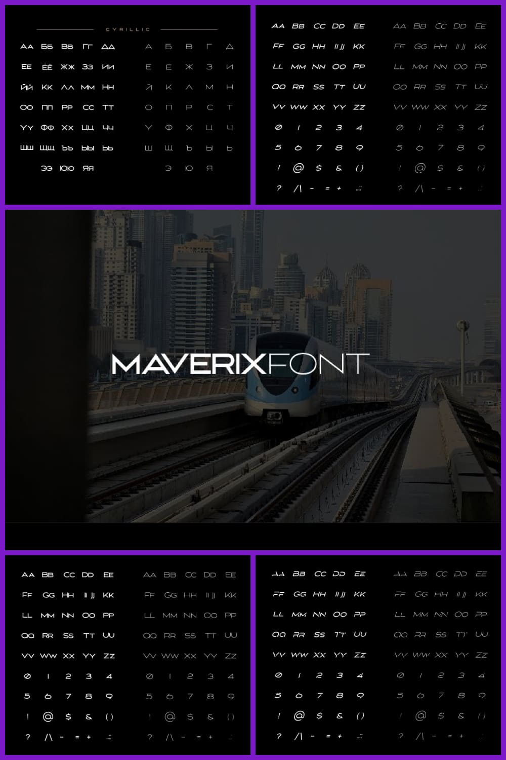 Futuristic font on a black background with train.