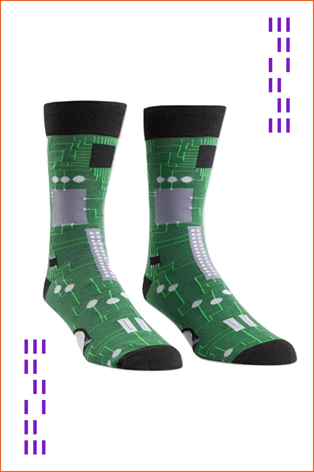 Green socks with electrical plate pattern.