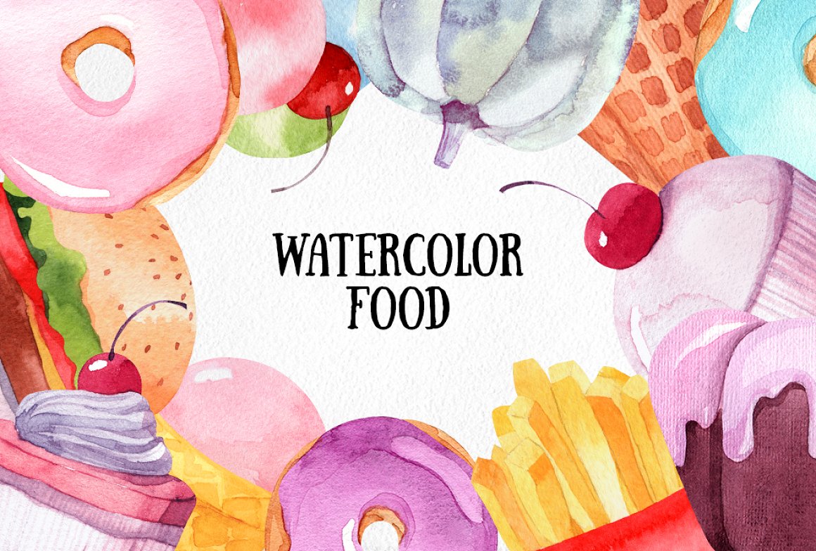 Bright watercolor food.