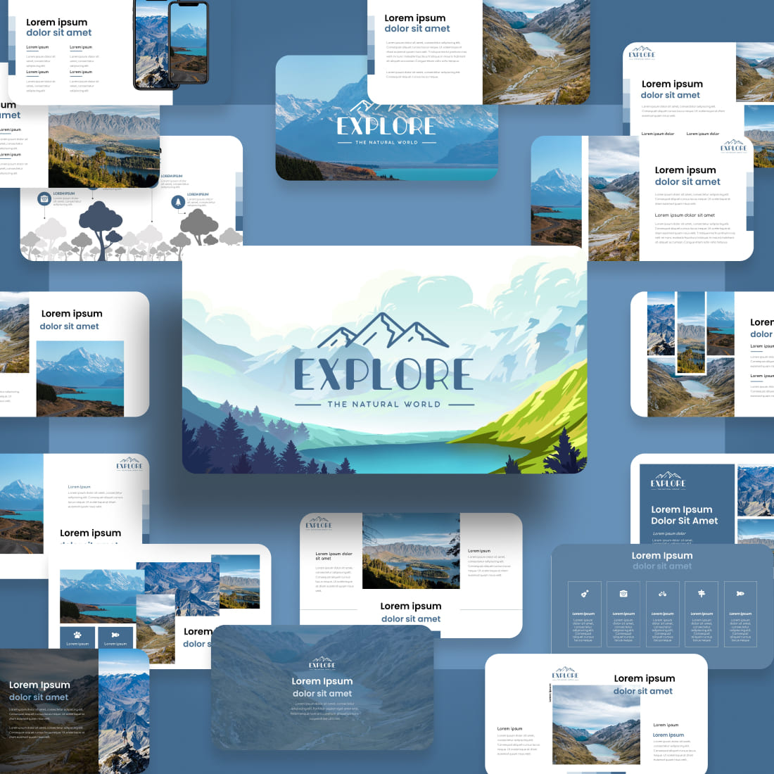 Explore Travel Presentation: 50 Slides PPTX, KEY, Google Slides cover image.