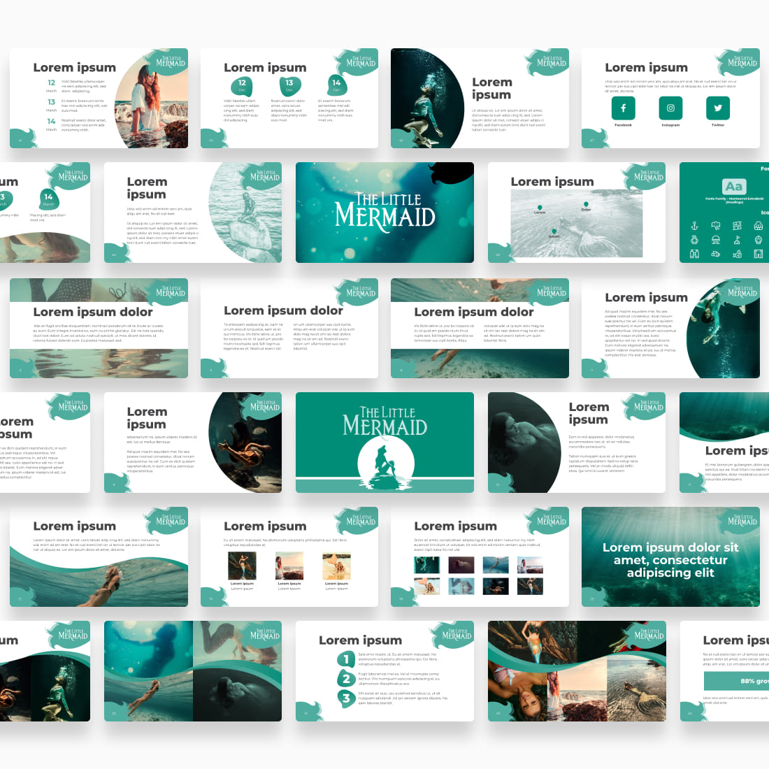 Mermaid Disney Presentation: 50 Slides PPTX, KEY, Google Slides cover image.