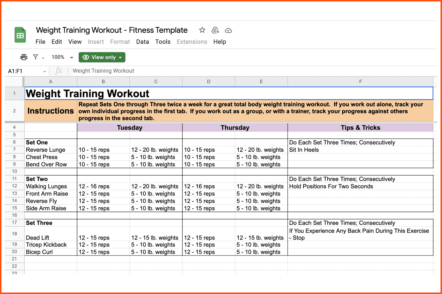 Workout Template Google Sheets