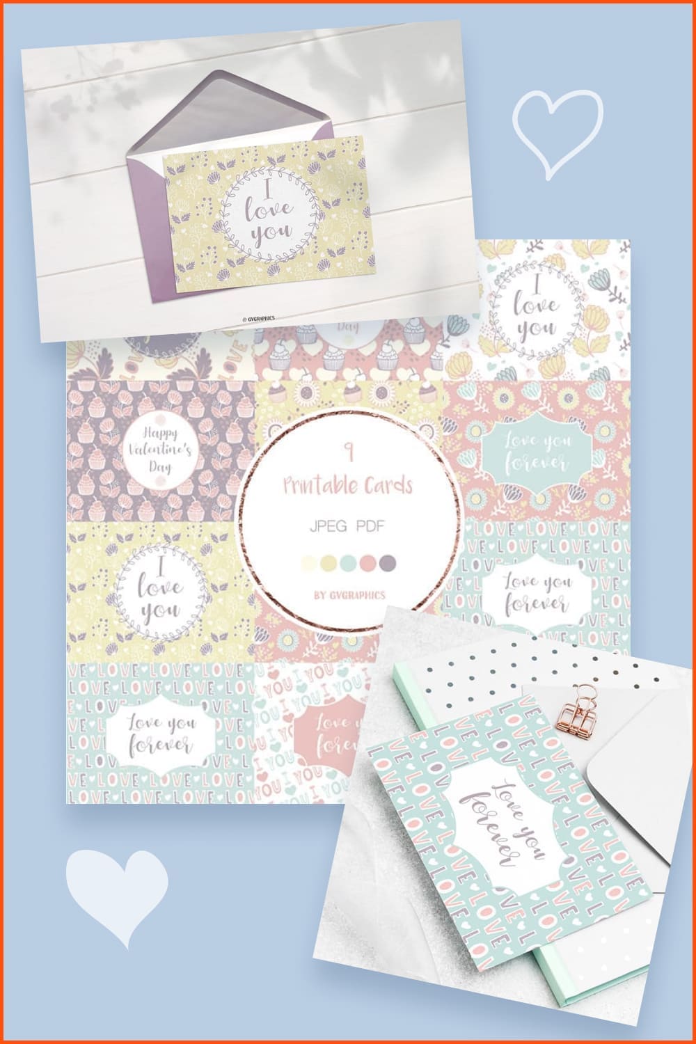 Postcards in pastel colors.