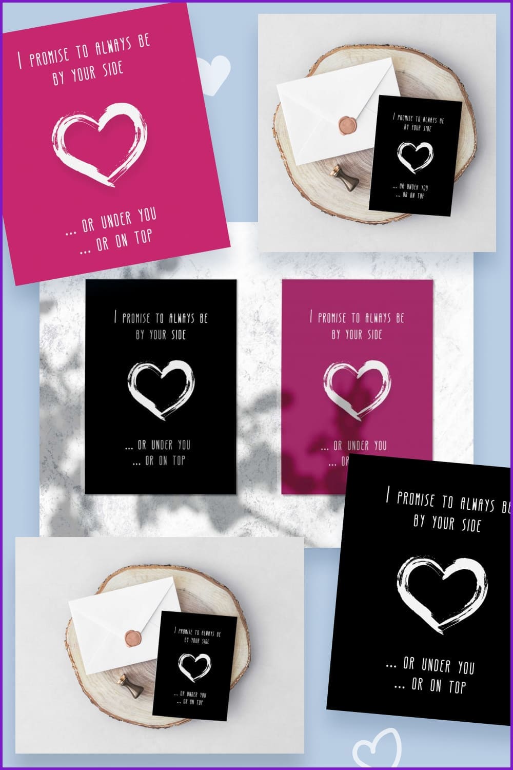 Black and pink cards with heart and sign.