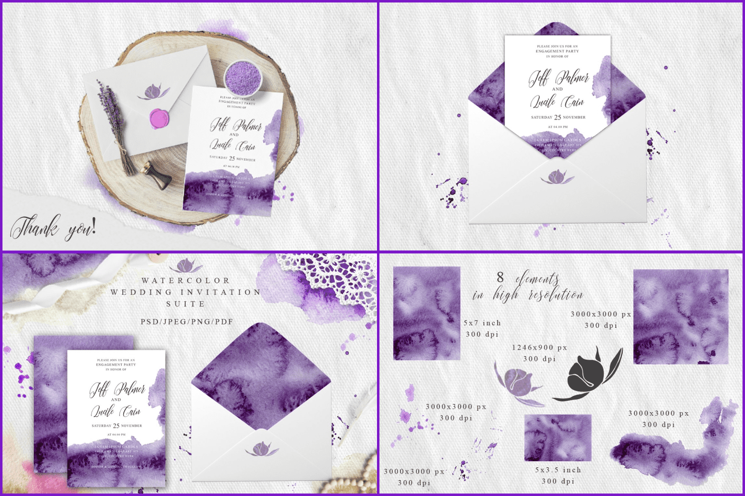 Ultra Violet Watercolor Wedding Card.