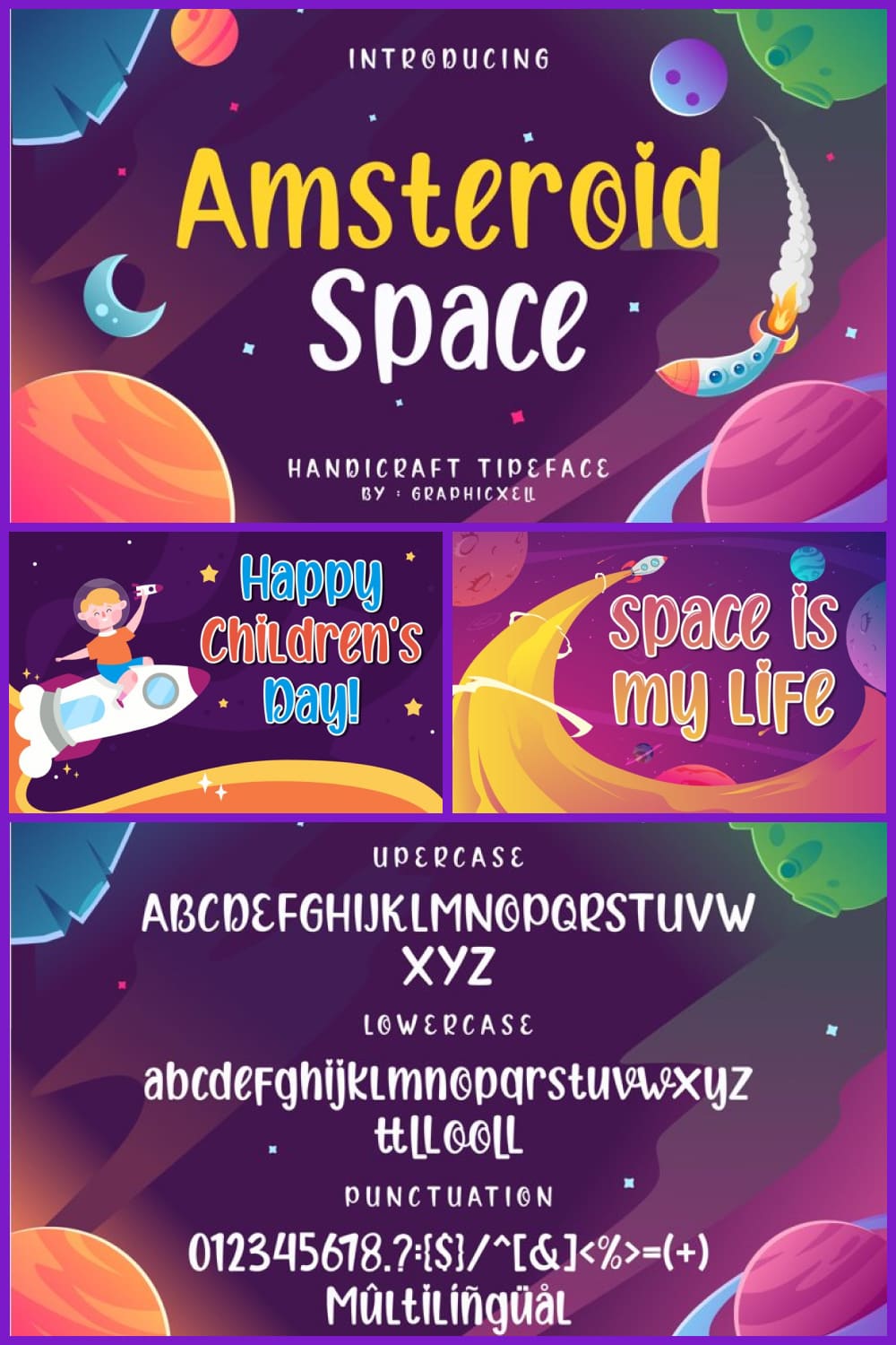 Childish font on a background with space theme.