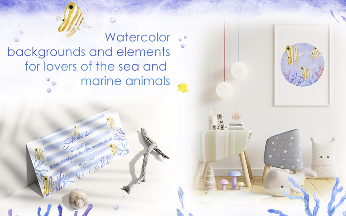  This set includes includes watercolor images of sea creatures, compositions, frames, backgrounds and patterns.