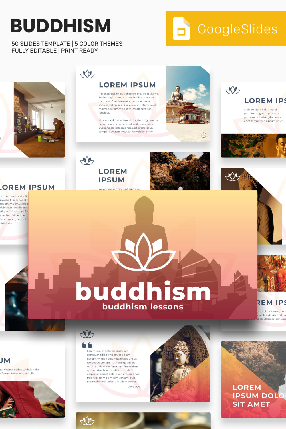 Collage of presentation pages with photos of Buddhist shrines.