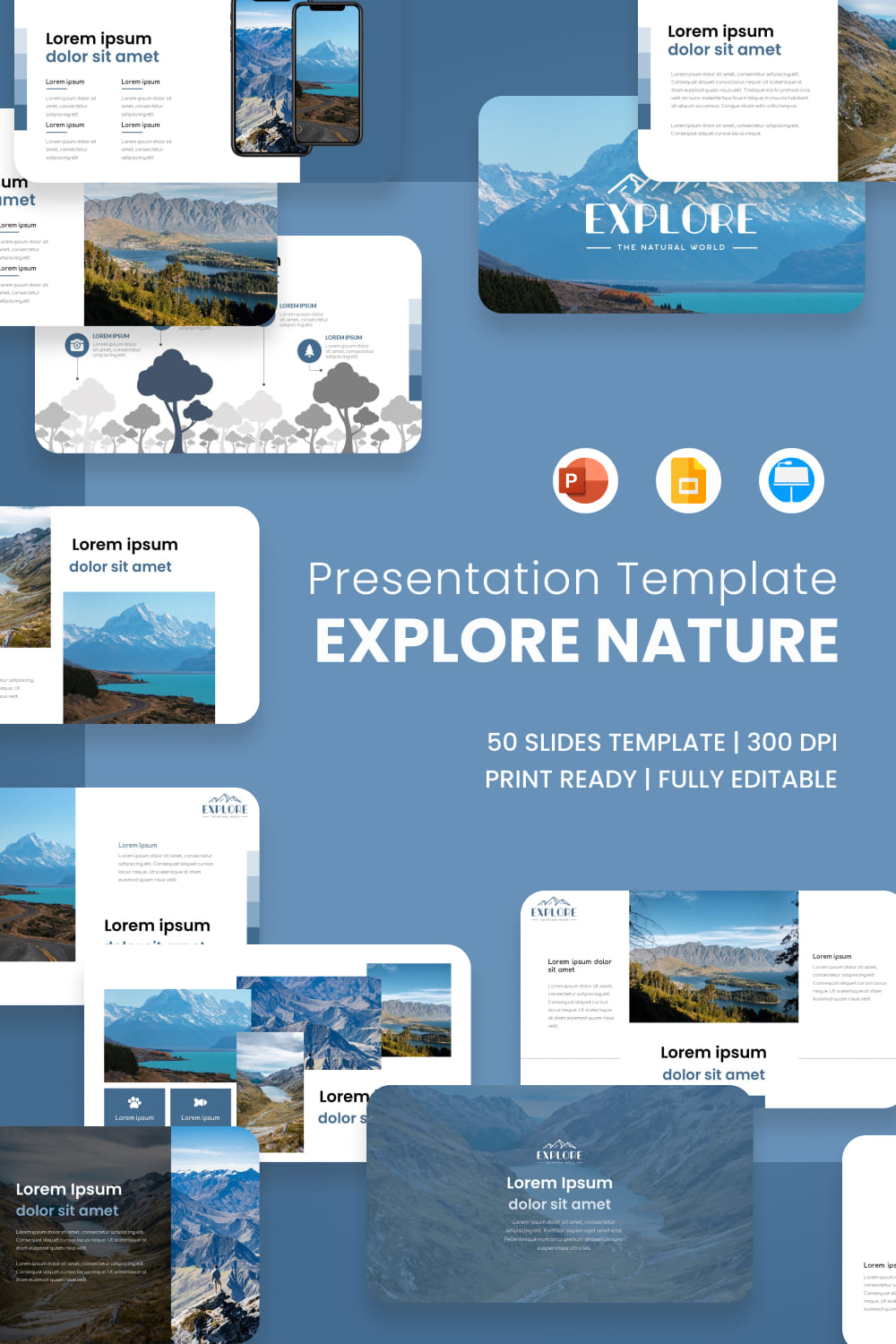 Explore Travel Presentation: 50 Slides PPTX, KEY, Google Slides.